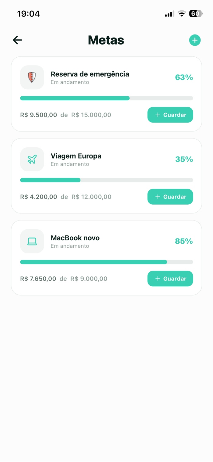 Metas de economia com barras de progresso